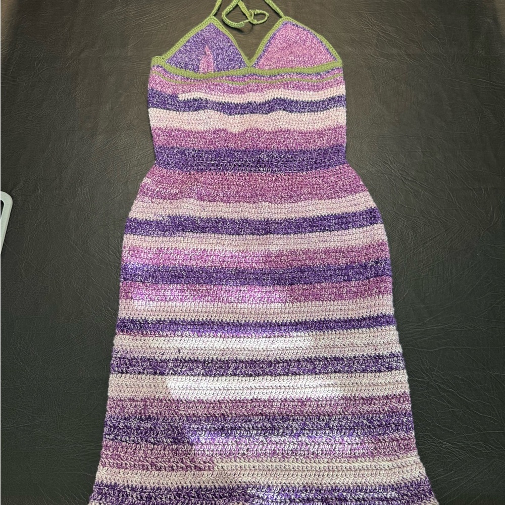 Hand Crocheted Halter Dress Purple Variegated Boho Festival Handmade Knit Look